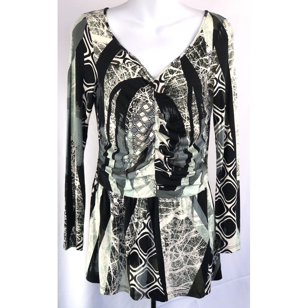 Lynn Ritchie Long Top XS Blk/Green peplum skater Ruched long sleeve whimsy Goth